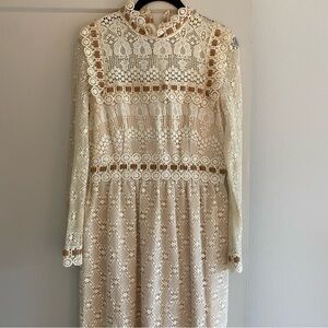 Vintage cream white lace prairie dress with tan velvet ribbon Montgomery ward